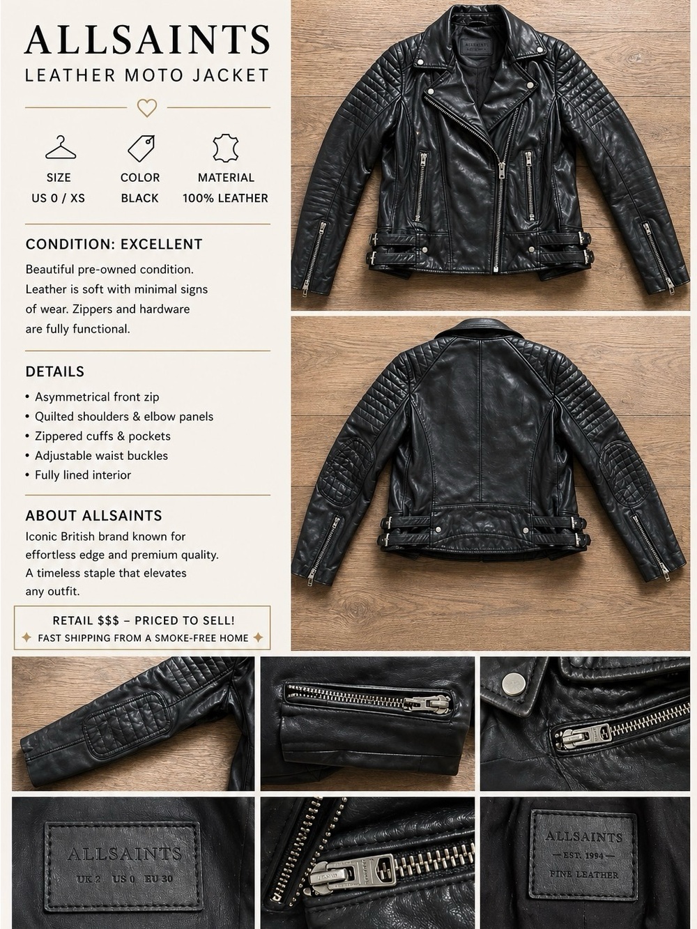AllSaints Black Leather Moto Jacket
